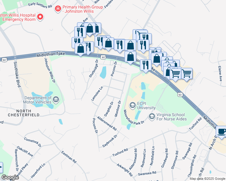 map of restaurants, bars, coffee shops, grocery stores, and more near 10131 Venango Lane in Richmond