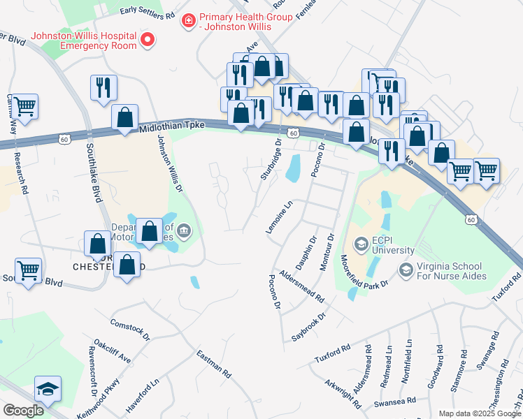 map of restaurants, bars, coffee shops, grocery stores, and more near 701 Sturgis Drive in Richmond
