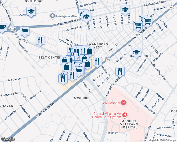 map of restaurants, bars, coffee shops, grocery stores, and more near 3906 Hull Street Road in Richmond