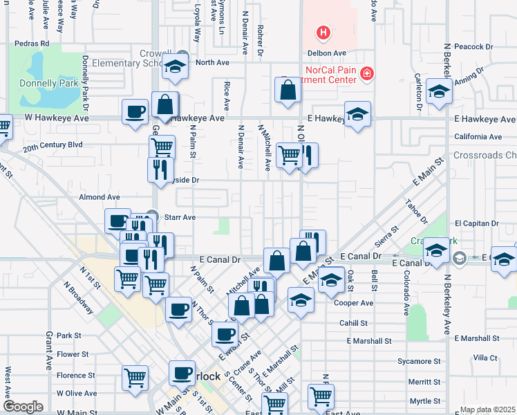 map of restaurants, bars, coffee shops, grocery stores, and more near 1051 North Mitchell Avenue in Turlock