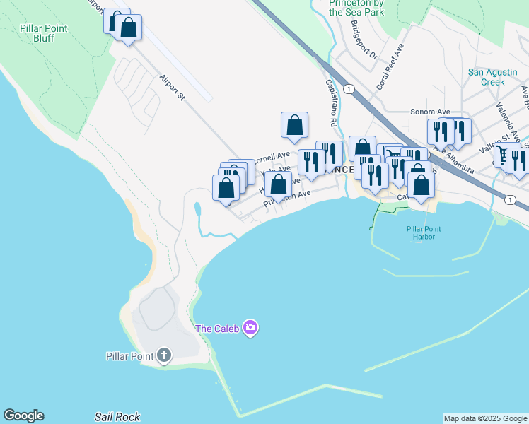 map of restaurants, bars, coffee shops, grocery stores, and more near 106 Oceanview Avenue in Half Moon Bay
