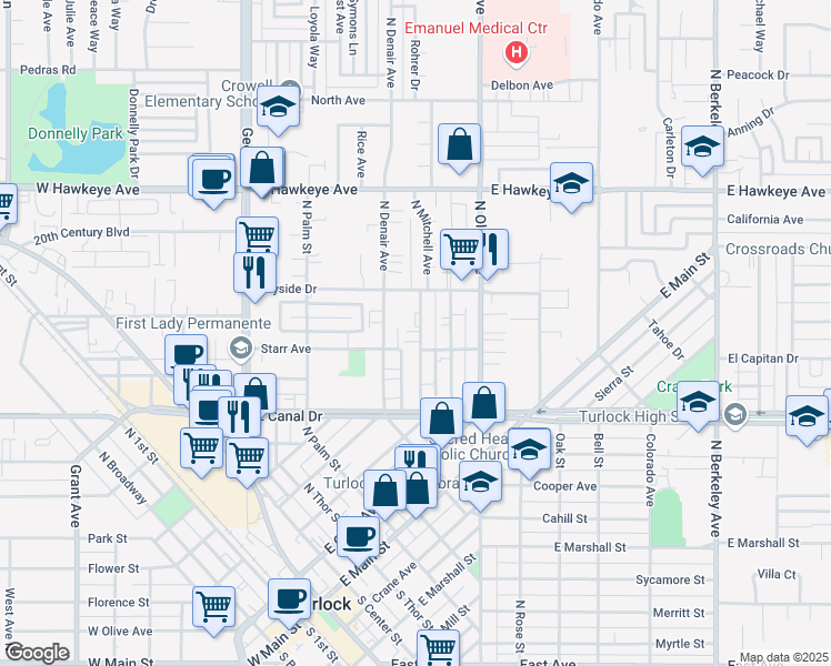 map of restaurants, bars, coffee shops, grocery stores, and more near 1057 North Mitchell Avenue in Turlock