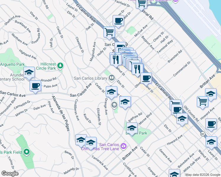 map of restaurants, bars, coffee shops, grocery stores, and more near 1501 Cherry Street in San Carlos