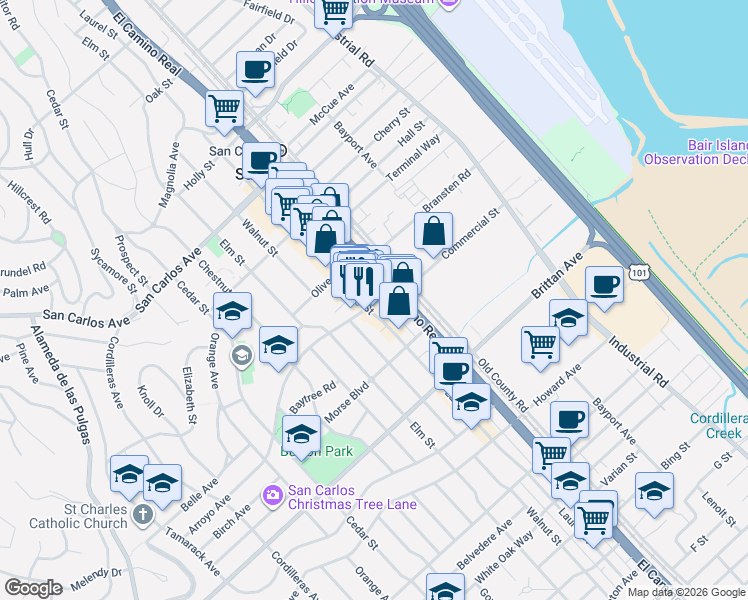map of restaurants, bars, coffee shops, grocery stores, and more near 1156 Arroyo Avenue in San Carlos