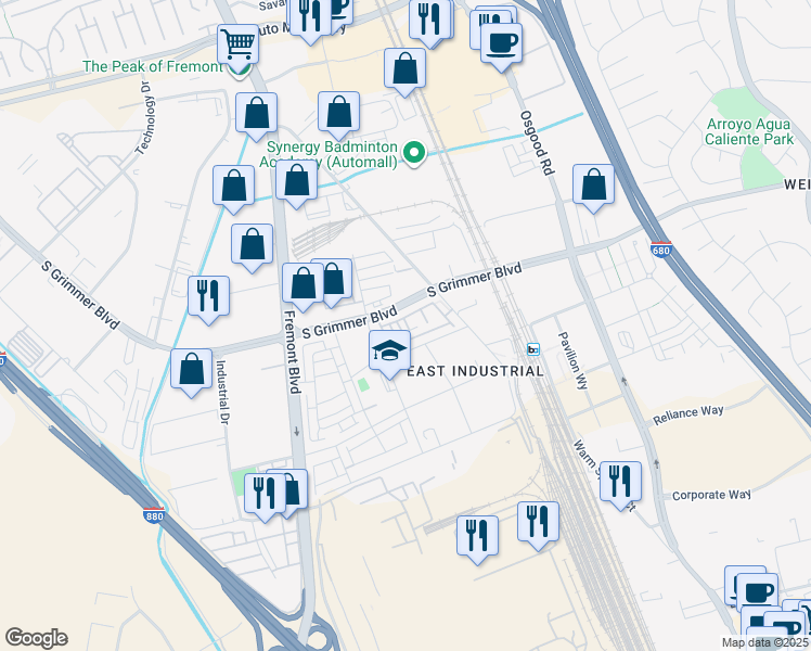 map of restaurants, bars, coffee shops, grocery stores, and more near 44851 South Grimmer Boulevard in Fremont