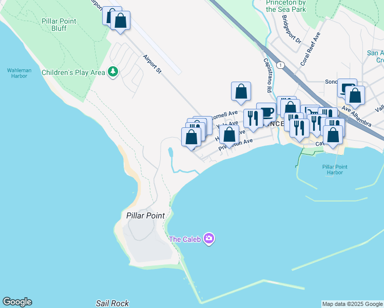 map of restaurants, bars, coffee shops, grocery stores, and more near 199 West Point Avenue in Half Moon Bay