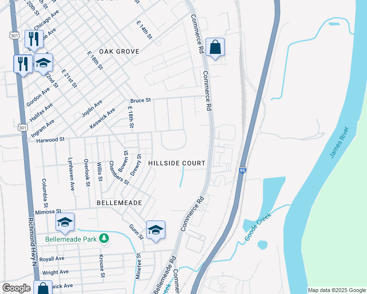 map of restaurants, bars, coffee shops, grocery stores, and more near 1799 Rosecrest Avenue in Richmond