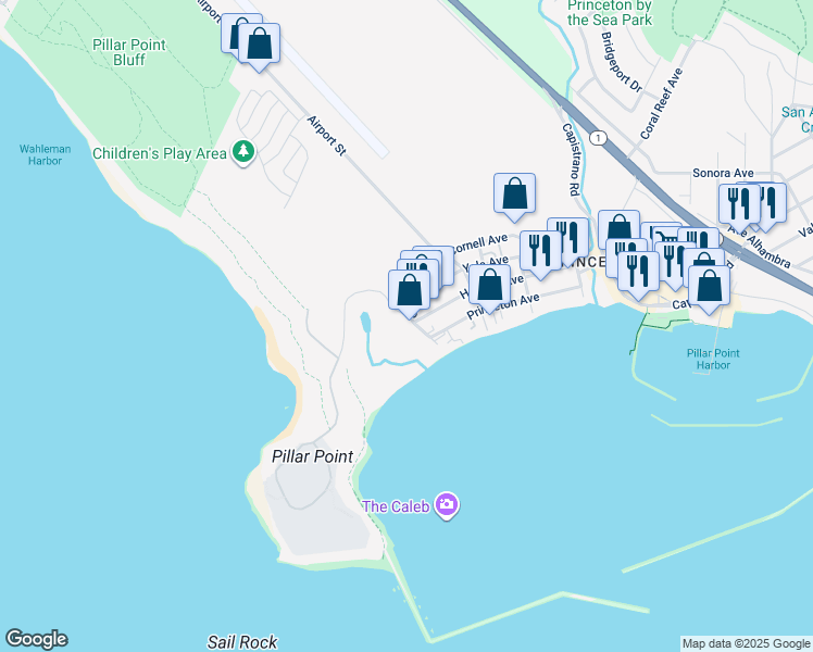 map of restaurants, bars, coffee shops, grocery stores, and more near 199 West Point Avenue in Half Moon Bay