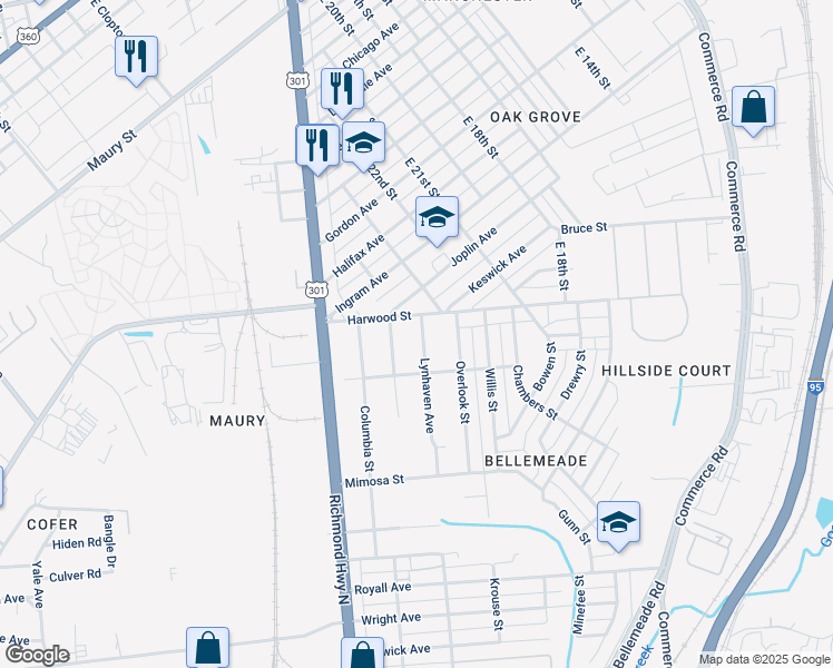 map of restaurants, bars, coffee shops, grocery stores, and more near 1305 Lynhaven Avenue in Richmond