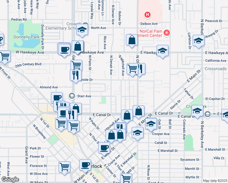 map of restaurants, bars, coffee shops, grocery stores, and more near 1080 North Denair Avenue in Turlock
