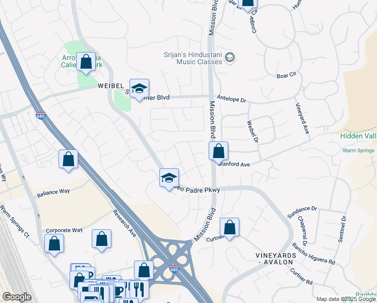 map of restaurants, bars, coffee shops, grocery stores, and more near 45579 Cheyenne Place in Fremont