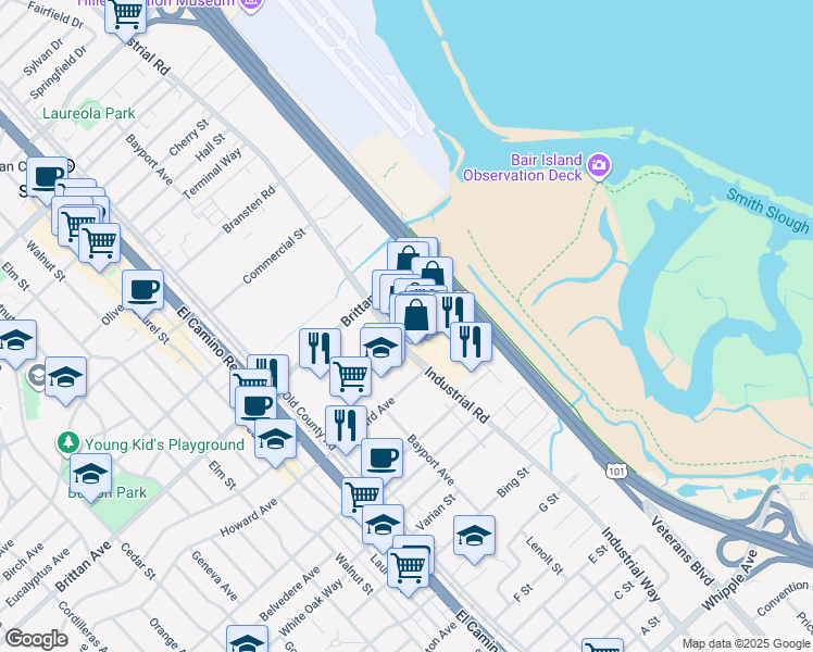 map of restaurants, bars, coffee shops, grocery stores, and more near 1121 Industrial Road in San Carlos
