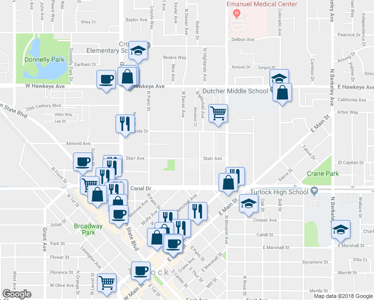 map of restaurants, bars, coffee shops, grocery stores, and more near 1070 North Denair Avenue in Turlock