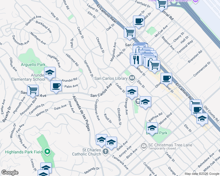 map of restaurants, bars, coffee shops, grocery stores, and more near 1667 San Carlos Avenue in San Carlos