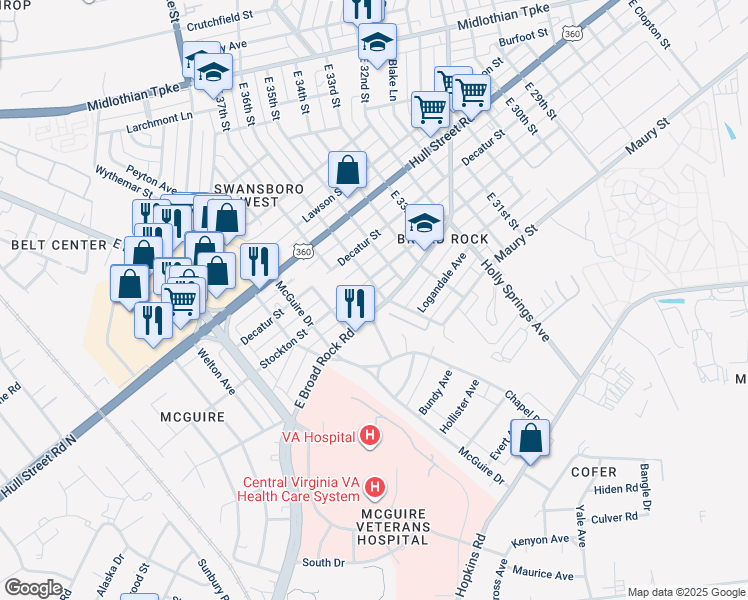 map of restaurants, bars, coffee shops, grocery stores, and more near 3601 East Broad Rock Road in Richmond
