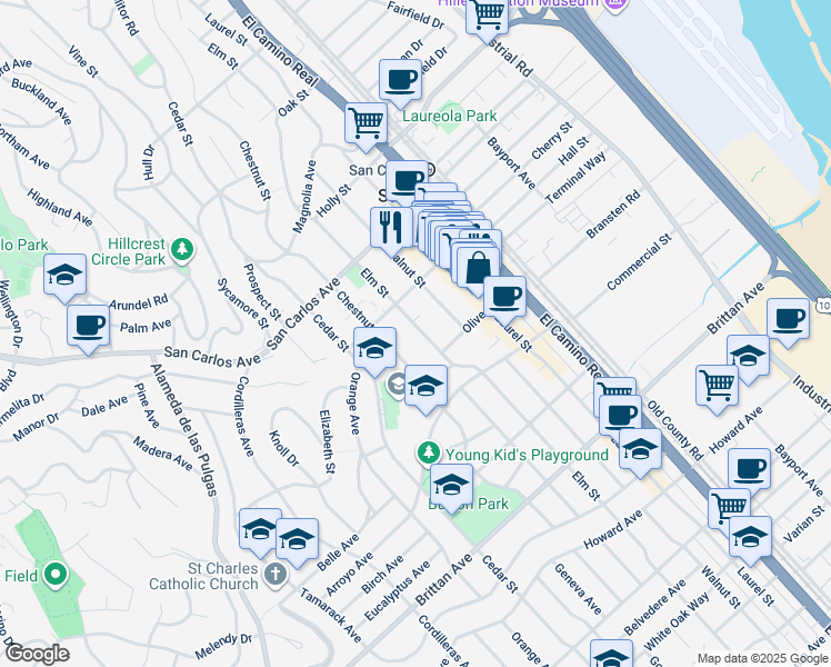 map of restaurants, bars, coffee shops, grocery stores, and more near 728 Elm Street in San Carlos
