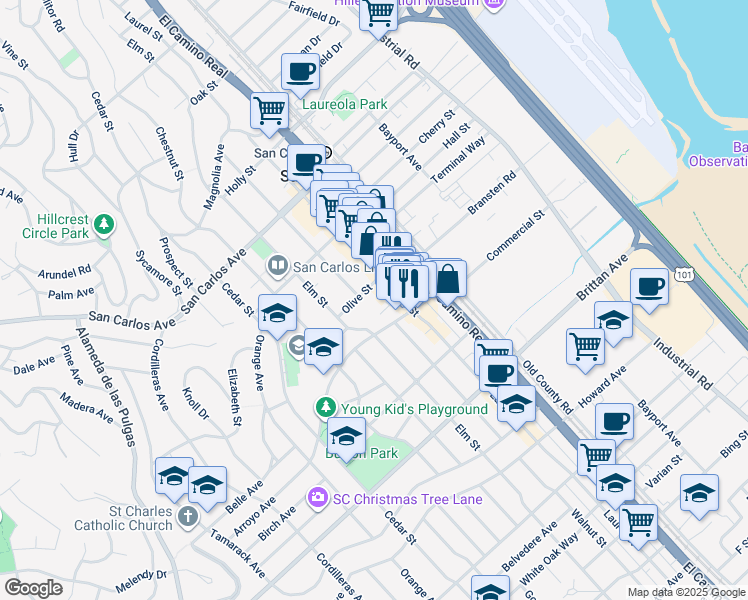 map of restaurants, bars, coffee shops, grocery stores, and more near 817 Walnut Street in San Carlos