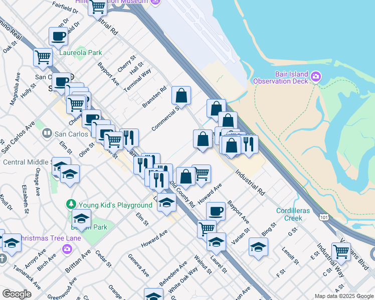 map of restaurants, bars, coffee shops, grocery stores, and more near 1030 Brittan Avenue in San Carlos