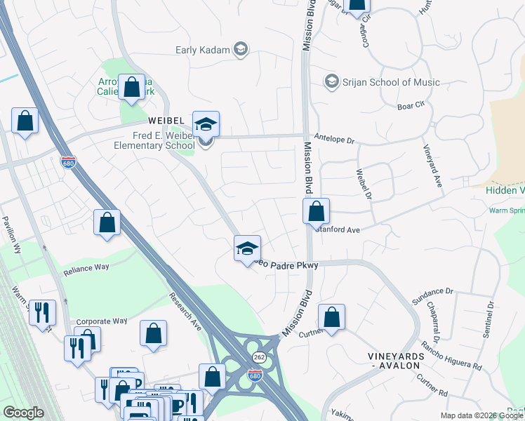 map of restaurants, bars, coffee shops, grocery stores, and more near 45548 Cherokee Lane in Fremont