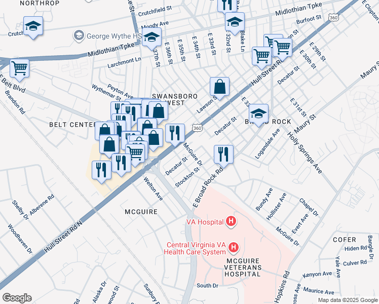 map of restaurants, bars, coffee shops, grocery stores, and more near 3800 Decatur Street in Richmond