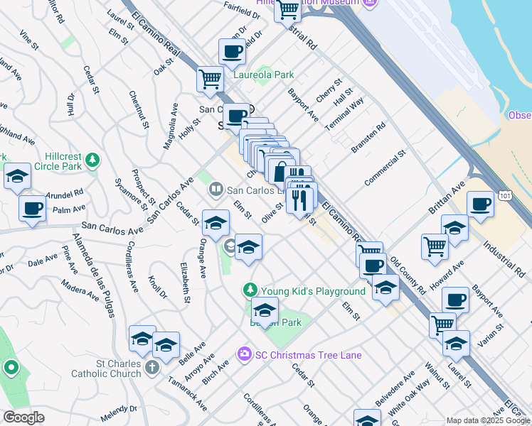map of restaurants, bars, coffee shops, grocery stores, and more near 798 Walnut Street in San Carlos