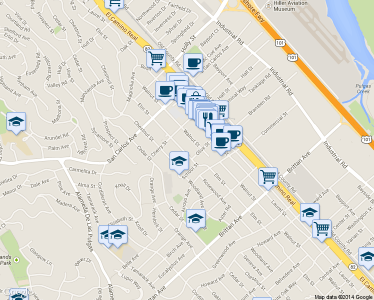 map of restaurants, bars, coffee shops, grocery stores, and more near 776 Elm Street in San Carlos