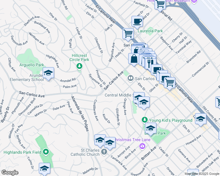 map of restaurants, bars, coffee shops, grocery stores, and more near in San Carlos