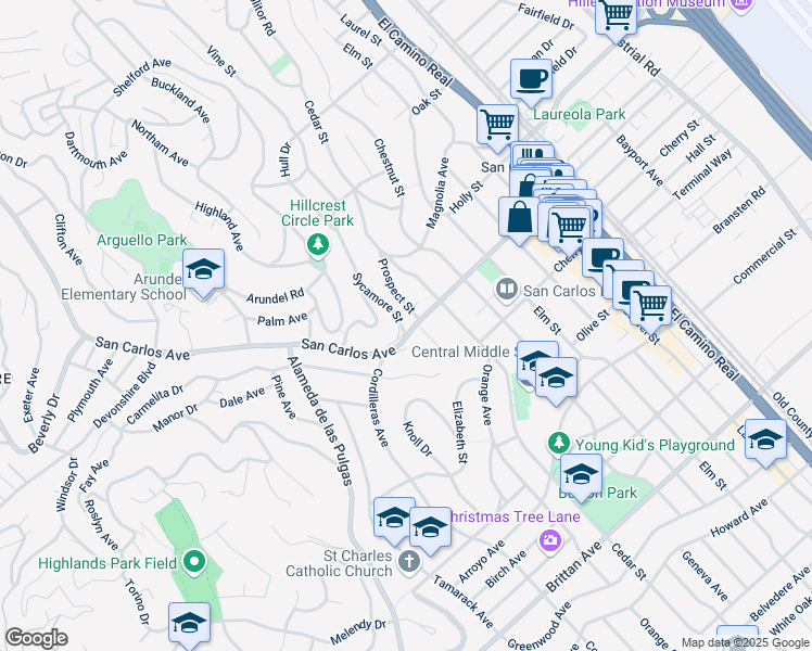 map of restaurants, bars, coffee shops, grocery stores, and more near in San Carlos