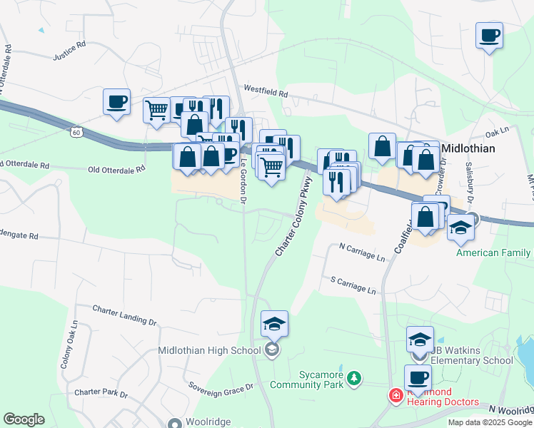 map of restaurants, bars, coffee shops, grocery stores, and more near 14237 Martinet Crossing in Midlothian