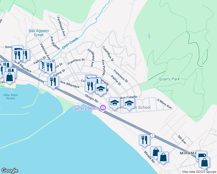 map of restaurants, bars, coffee shops, grocery stores, and more near 151 Isabella Avenue in El Granada