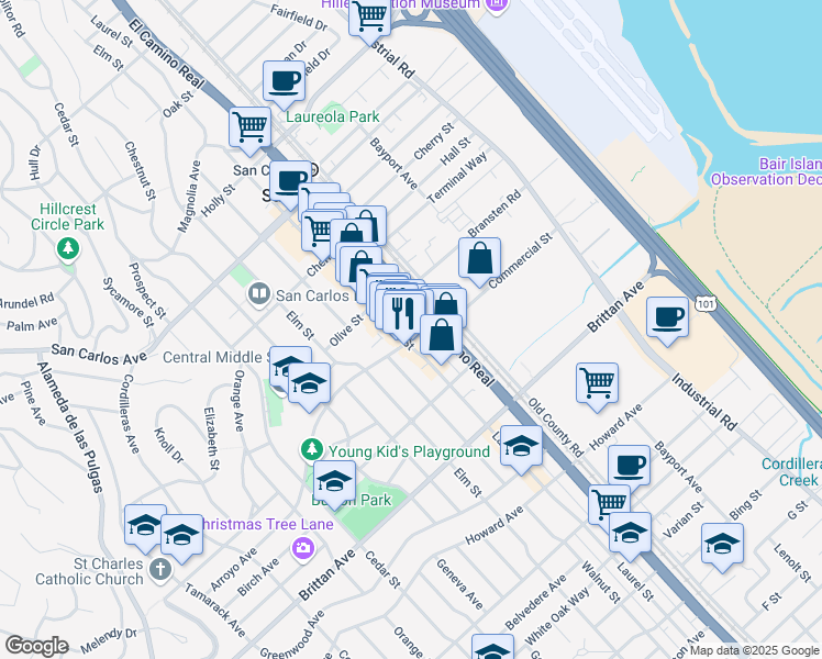 map of restaurants, bars, coffee shops, grocery stores, and more near 1150 Arroyo Avenue in San Carlos