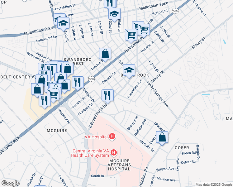 map of restaurants, bars, coffee shops, grocery stores, and more near 3601 East Broad Rock Road in Richmond