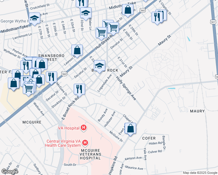 map of restaurants, bars, coffee shops, grocery stores, and more near 3401 Maury Street in Richmond