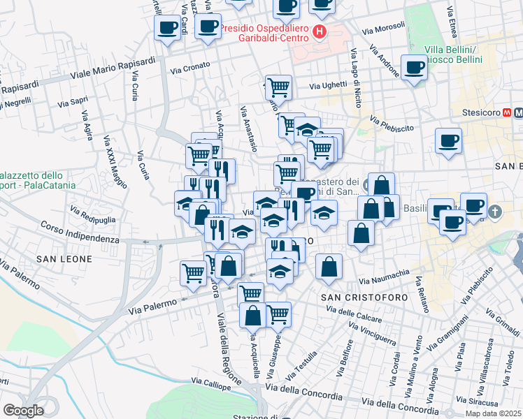 map of restaurants, bars, coffee shops, grocery stores, and more near 26 Via Grassi in Catania