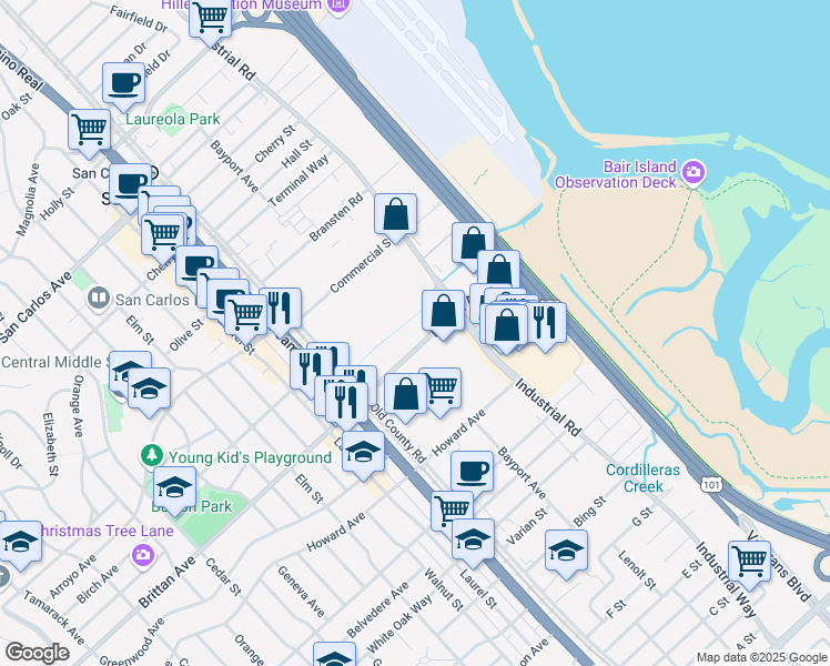 map of restaurants, bars, coffee shops, grocery stores, and more near 1030 Brittan Avenue in San Carlos