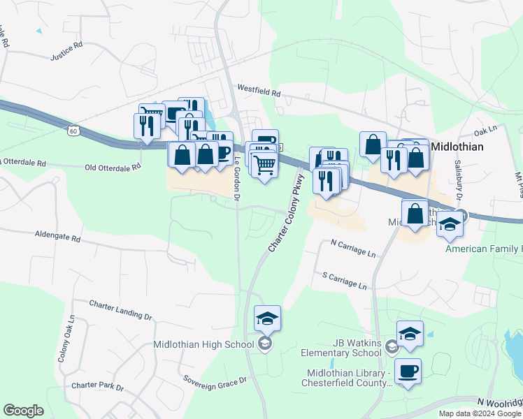 map of restaurants, bars, coffee shops, grocery stores, and more near 14237 Martinet Crossing in Midlothian