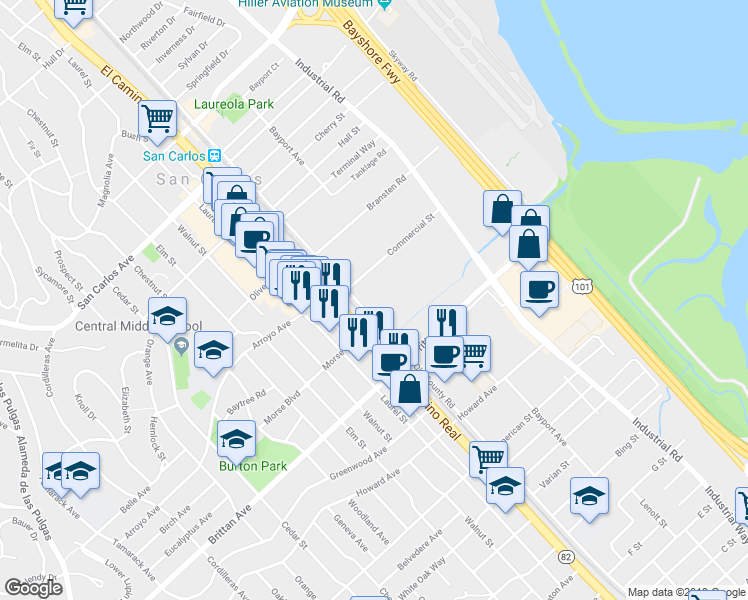 map of restaurants, bars, coffee shops, grocery stores, and more near 915 Old County Road in Belmont