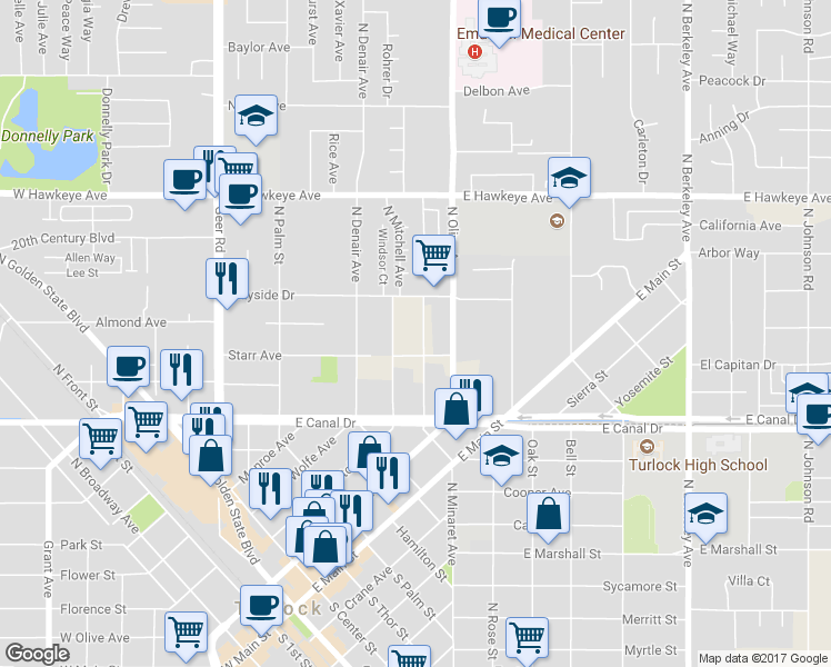 map of restaurants, bars, coffee shops, grocery stores, and more near 1083 Kenwood Avenue in Turlock