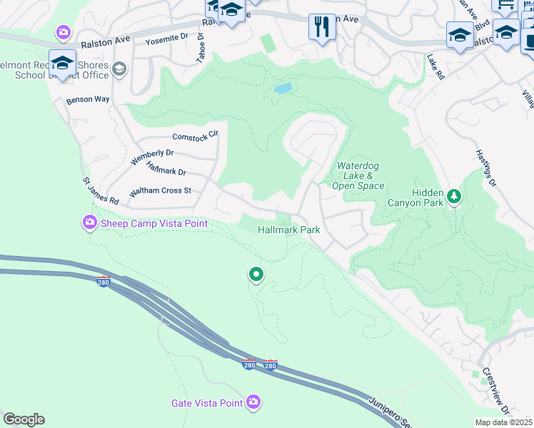 map of restaurants, bars, coffee shops, grocery stores, and more near 2605 Hallmark Drive in Belmont