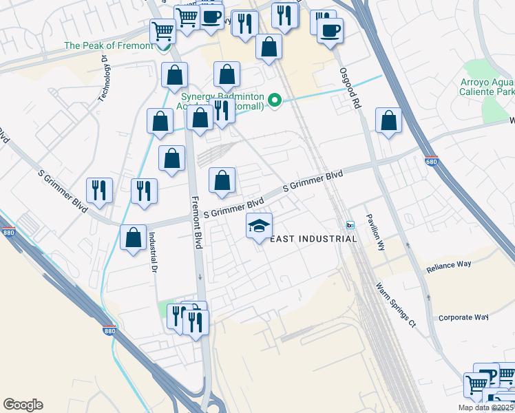 map of restaurants, bars, coffee shops, grocery stores, and more near 44867 South Grimmer Boulevard in Fremont