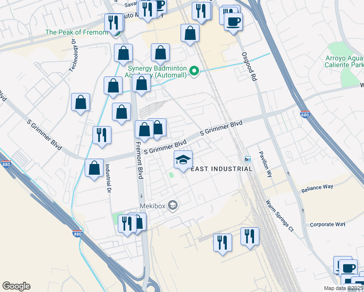 map of restaurants, bars, coffee shops, grocery stores, and more near 44867 South Grimmer Boulevard in Fremont