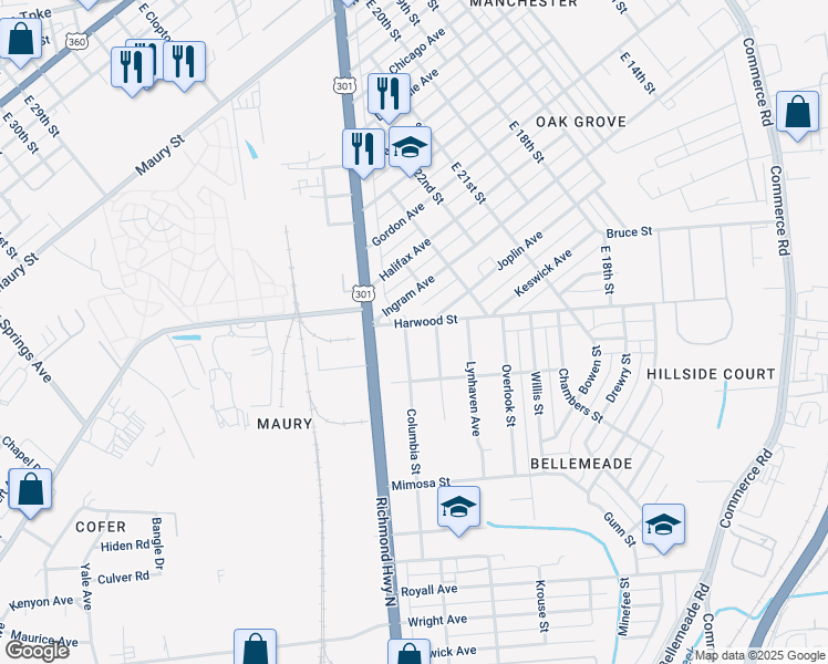 map of restaurants, bars, coffee shops, grocery stores, and more near 2408 Harwood Street in Richmond