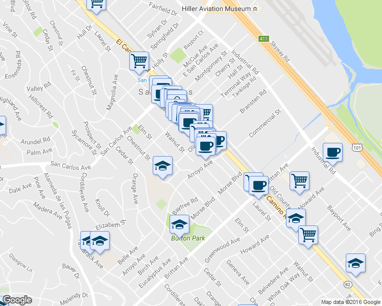 map of restaurants, bars, coffee shops, grocery stores, and more near 798 Walnut Street in San Carlos