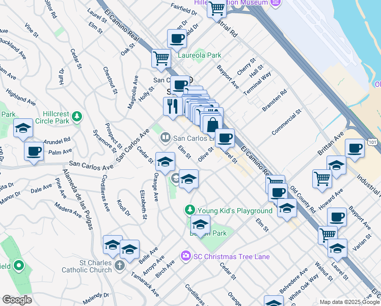 map of restaurants, bars, coffee shops, grocery stores, and more near 776 Elm Street in San Carlos