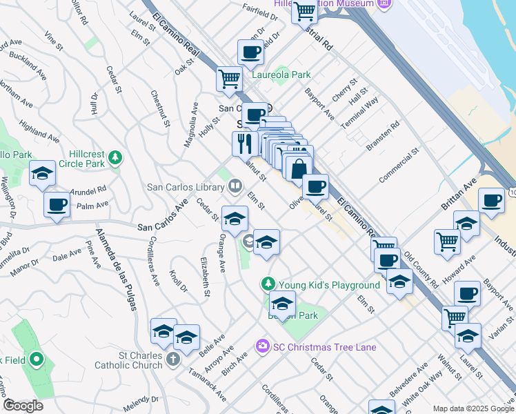 map of restaurants, bars, coffee shops, grocery stores, and more near 776 Elm Street in San Carlos