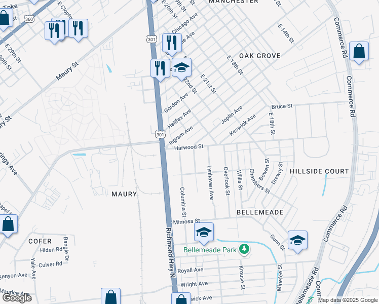 map of restaurants, bars, coffee shops, grocery stores, and more near 2406 Harwood Street in Richmond