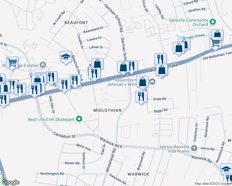 map of restaurants, bars, coffee shops, grocery stores, and more near 5941 Midlothian Turnpike in Richmond