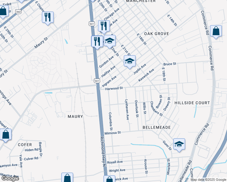 map of restaurants, bars, coffee shops, grocery stores, and more near 2404 Harwood Street in Richmond