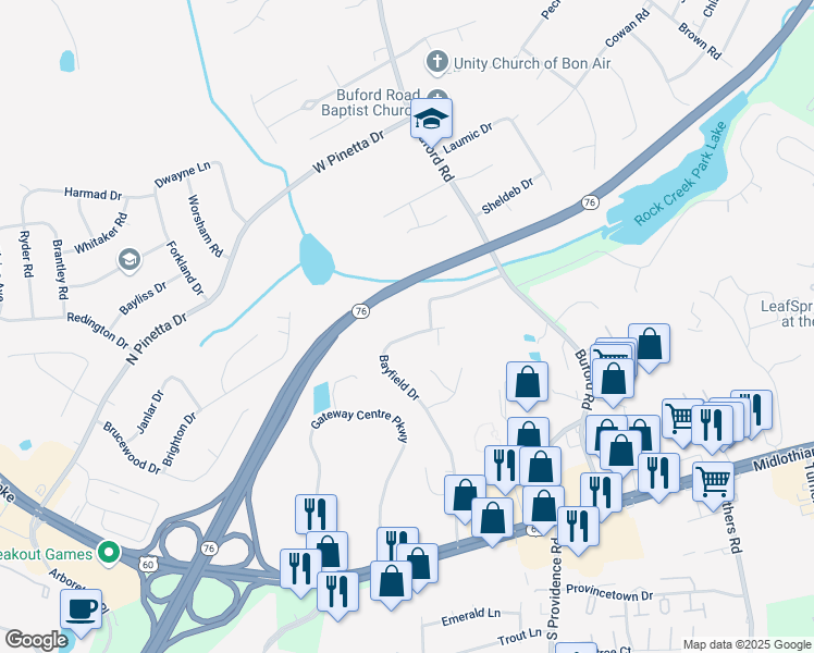 map of restaurants, bars, coffee shops, grocery stores, and more near 8416 Bayfield Drive in Richmond