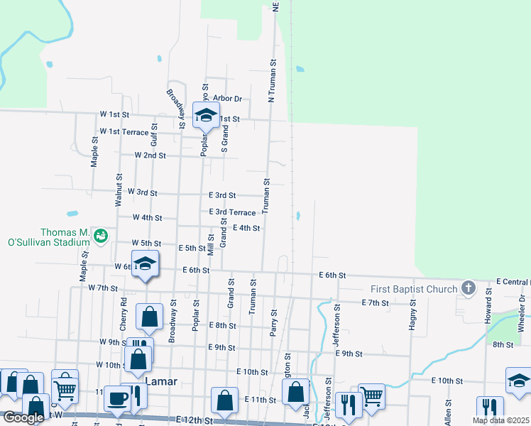 map of restaurants, bars, coffee shops, grocery stores, and more near 499 E 3rd Terrace in Lamar